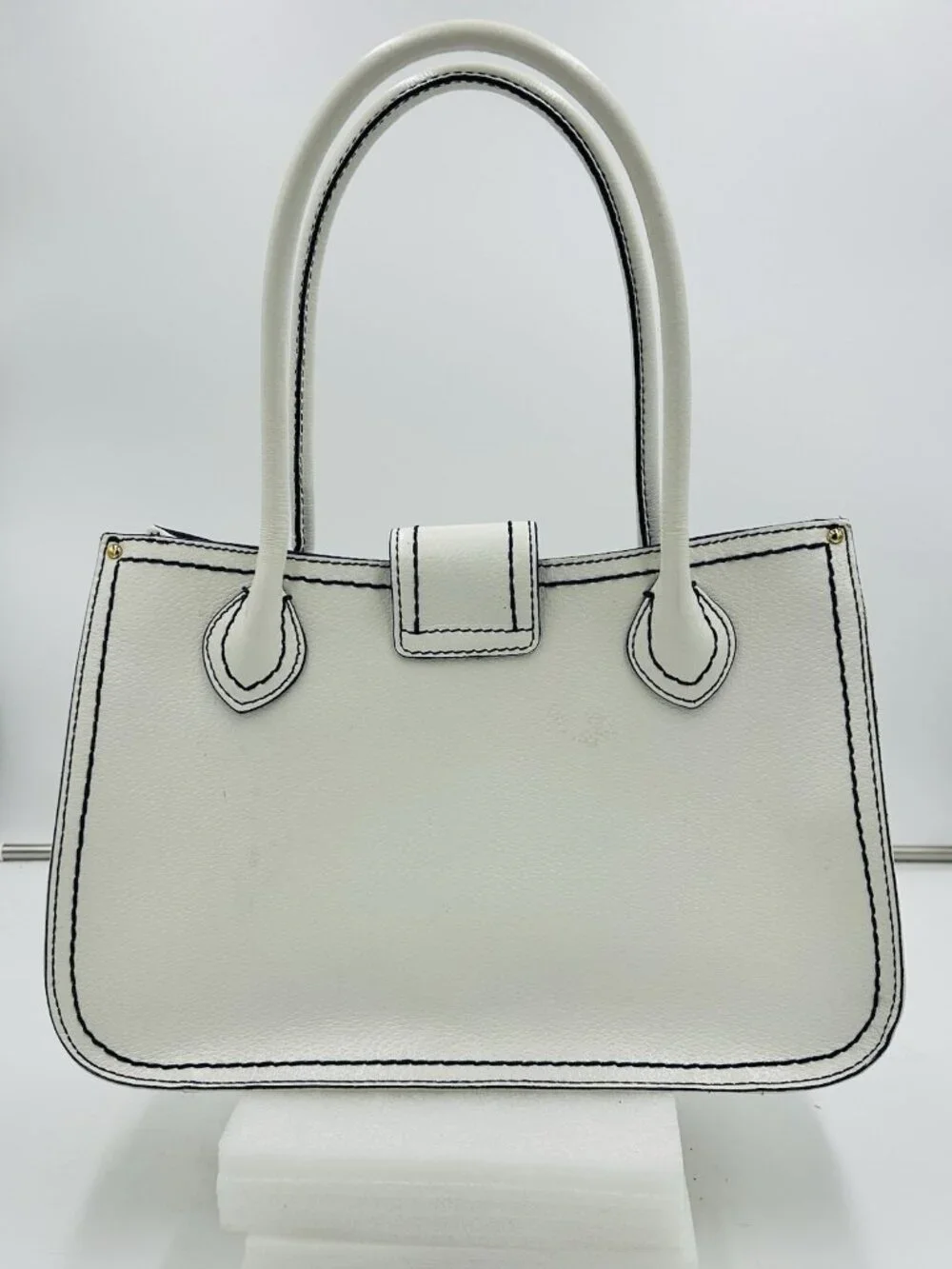 Antonio Melani White Leather Satchel Bag Magnetic Closure Blue Trim